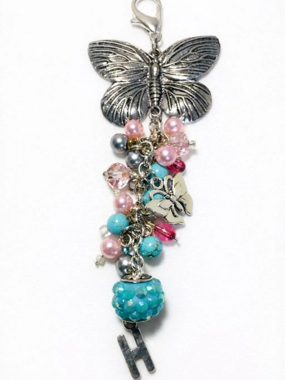 Butterfly Purse Charm • Custom Initial • Pink & Turquoise Beads